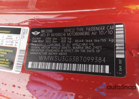 2011 Mini Cooper z USA, uszkodzony, nr VIN WMWSU3C53BT099384